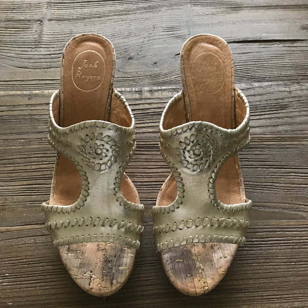 Jack Rogers Olive Green Leather Cork Wedge Slides